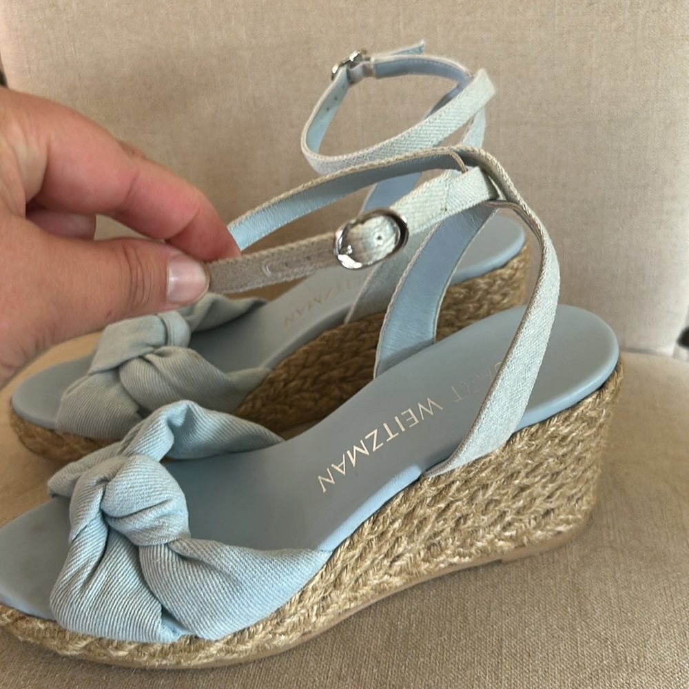 Stuart Weitzman Women’s Playa Espadrille Wedge Bow Sandals Blue Tan Size 8.5 - Picture 4 of 10